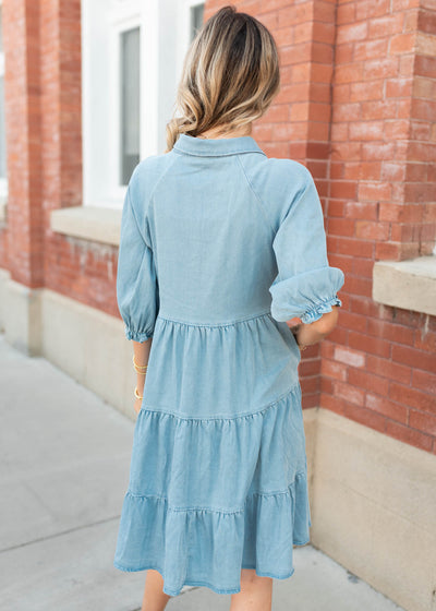 Back view of the chambray tiered dress by Lena Lou