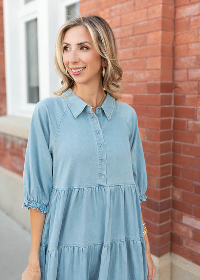 Modest chambray tiered dress with elbow length sleeves