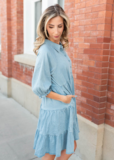 Chambray tiered dress with pockets