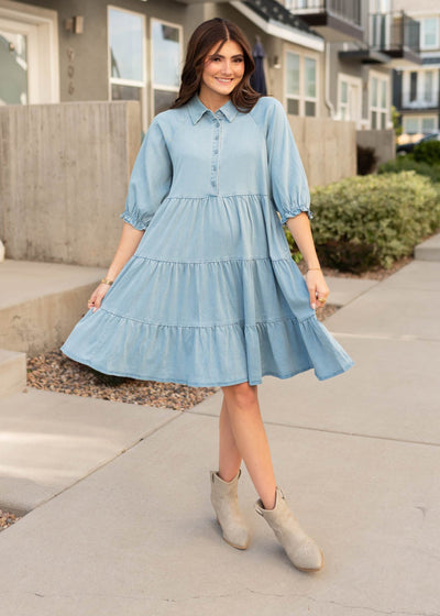 Collared chambray tiered dress with button up bodice and short sleeves by Lena & Lou