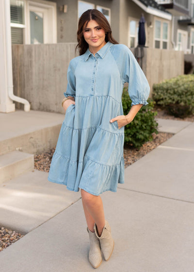 Modest chambray tiered dress with pockets by Lena & Lou