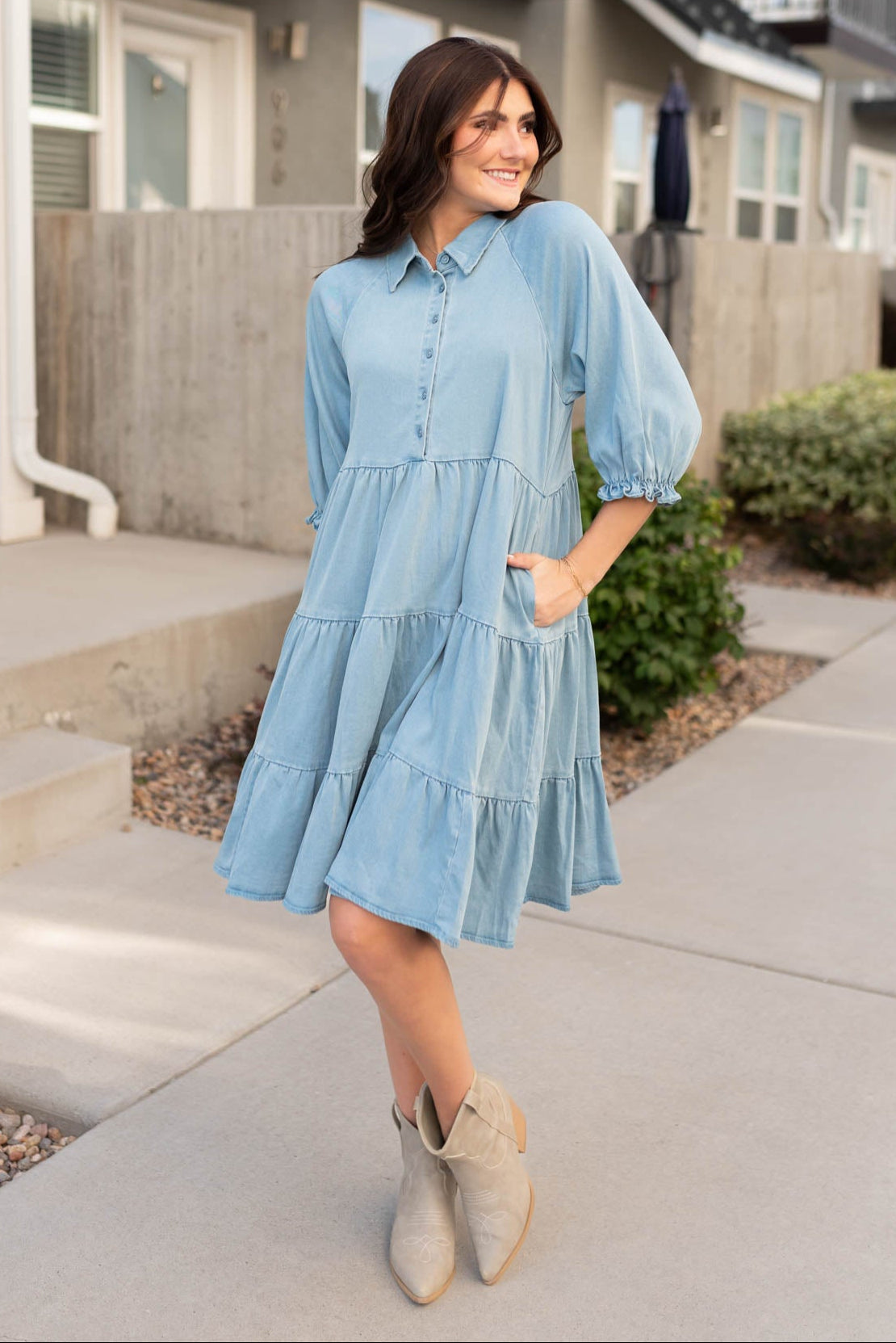 Modest chambray tiered dress with pockets sold at Lena Layne