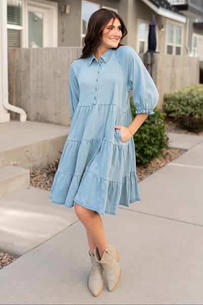 Modest chambray tiered dress with pockets sold at Lena Layne