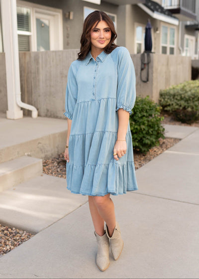 Chambray  tiered dress with short sleeves and button up bodice with collar by Lena & Lou