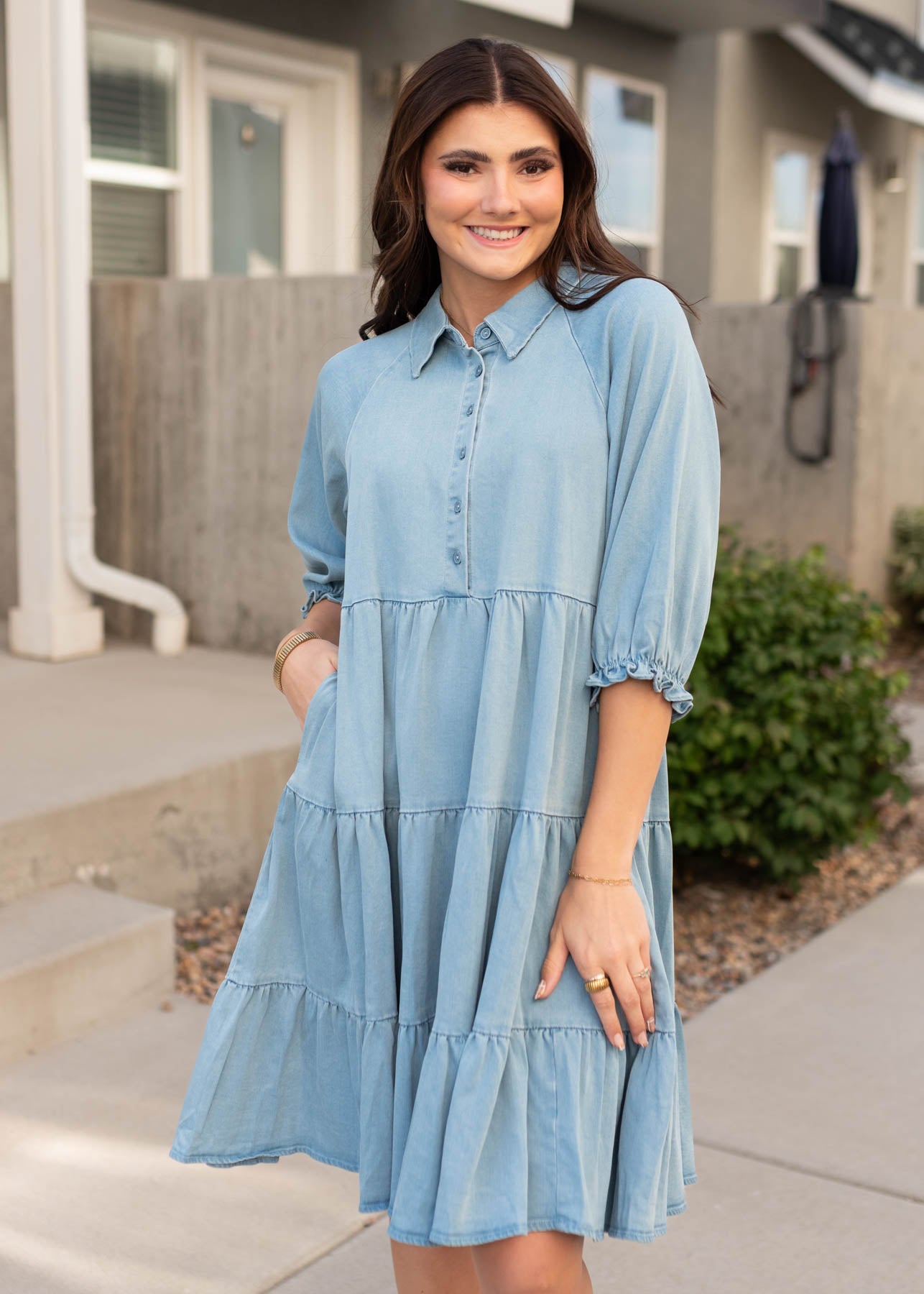 Short sleeve modest lena & lou chambray tiered dress sold at Lena Layne