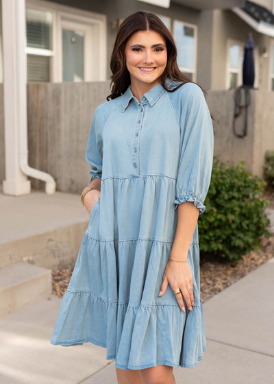 Short sleeve modest lena & lou chambray tiered dress sold at Lena Layne