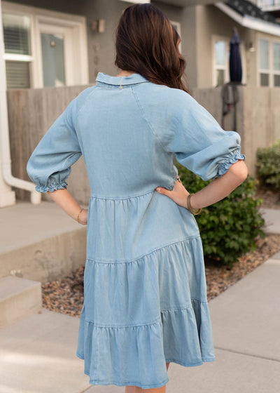 Back view of the chambray tiered dress