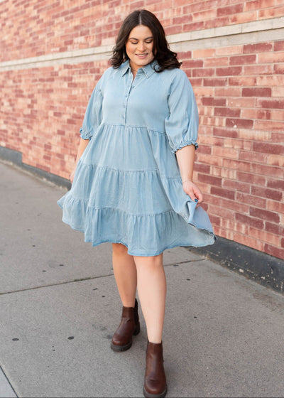 Short sleeve chambray tiered dress in plus size by Lena & Lou