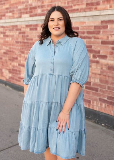 Plus size button bodice with collar chambray tiered dress