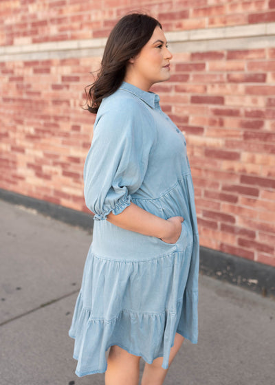 Side view of the modest plus size chambray tiered dress with pockets