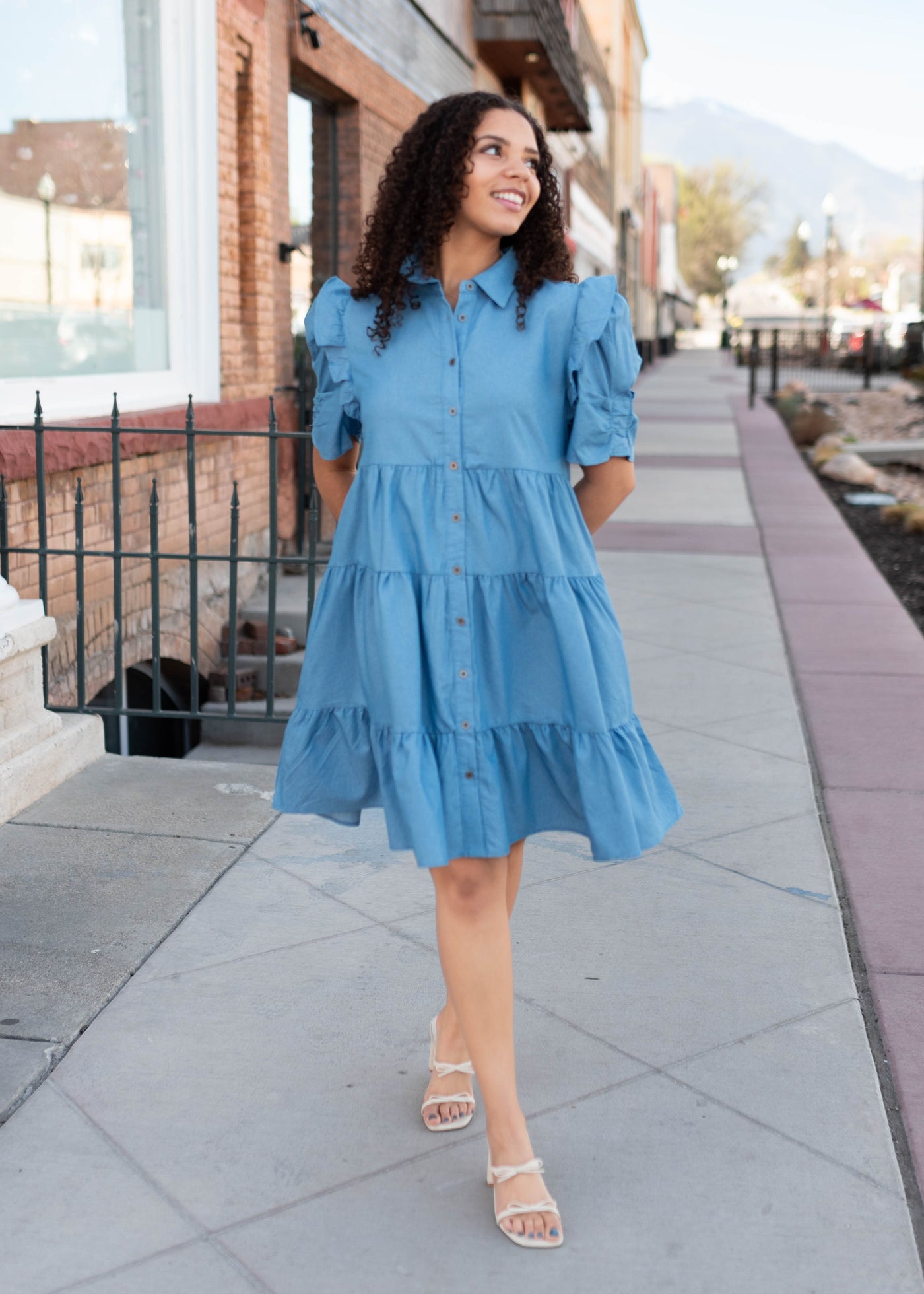 Annabel Chambray Collared Mini Dress - Ruffle Sleeves & Tiered Skirt
