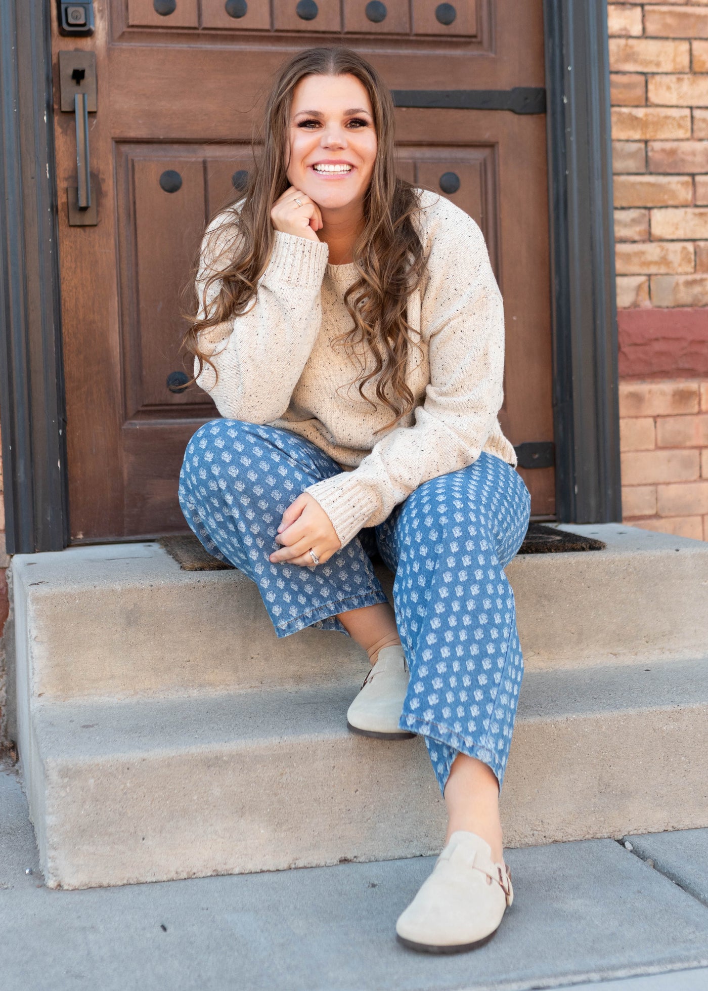 Plus size wide leg denim with ivory pattern pants