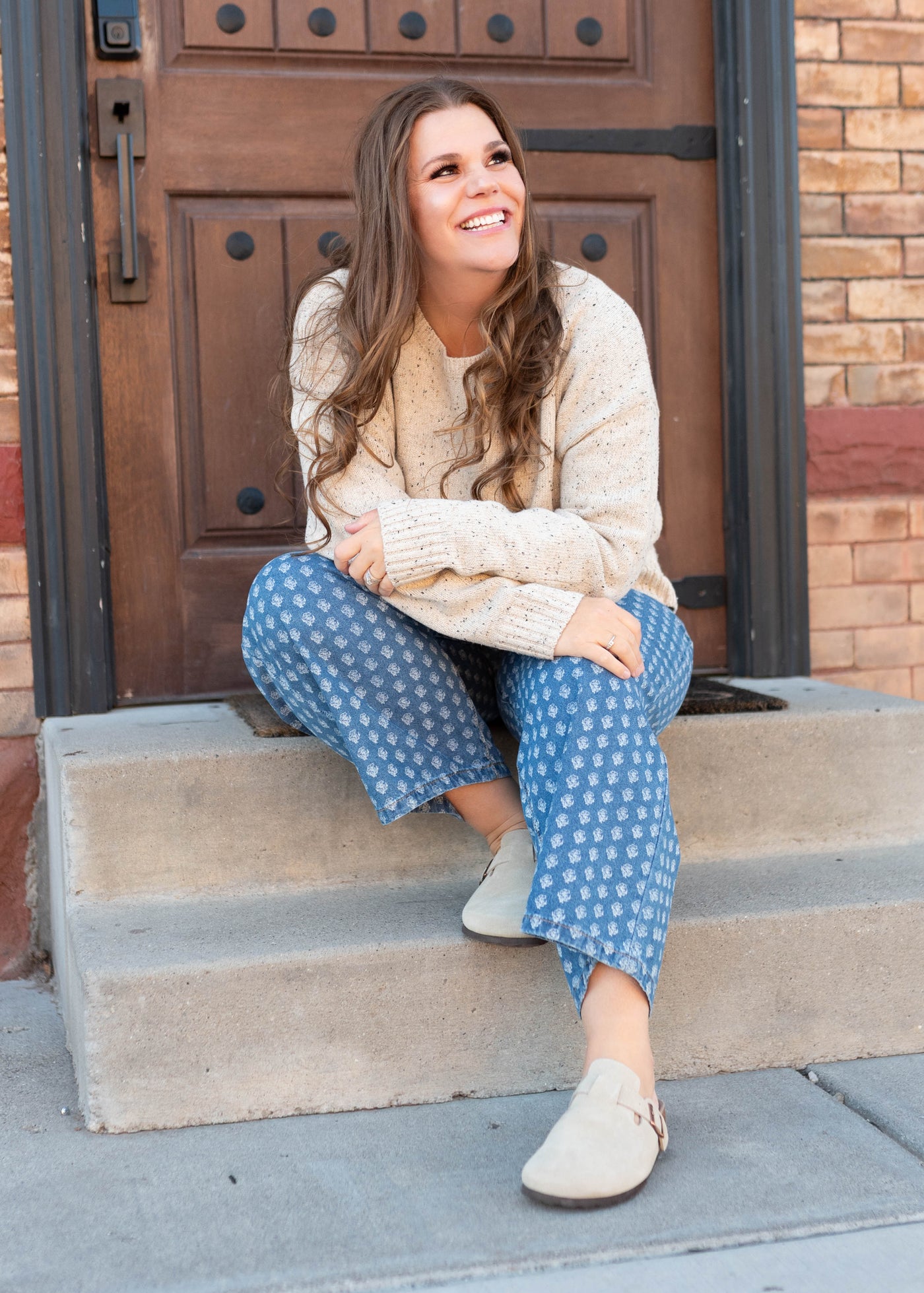 Wide leg denim pattern pants in plus size
