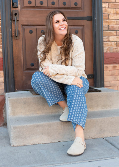 Wide leg denim pattern pants in plus size
