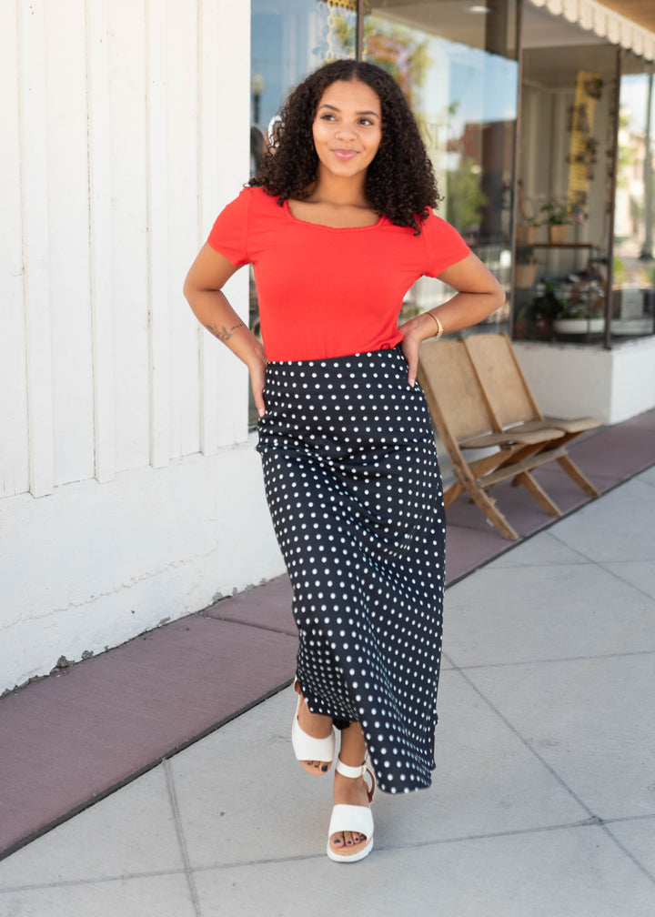 Annabeth Black Polka Dot Maxi Skirt - Bias Cut, Stretch Waistband