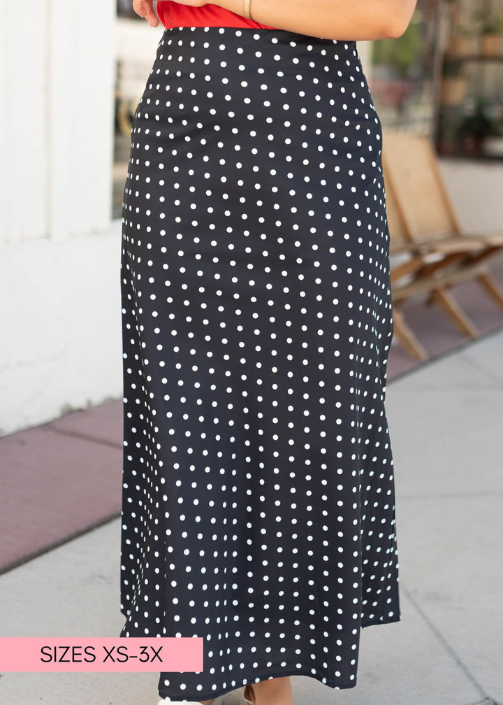 Annabeth Black Polka Dot Maxi Skirt - Bias Cut, Stretch Waistband