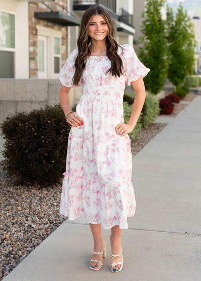 Pink floral dress with square neck