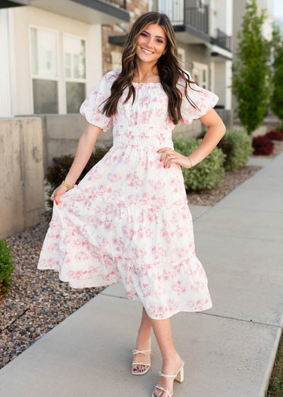Pink floral dress with short sleeves