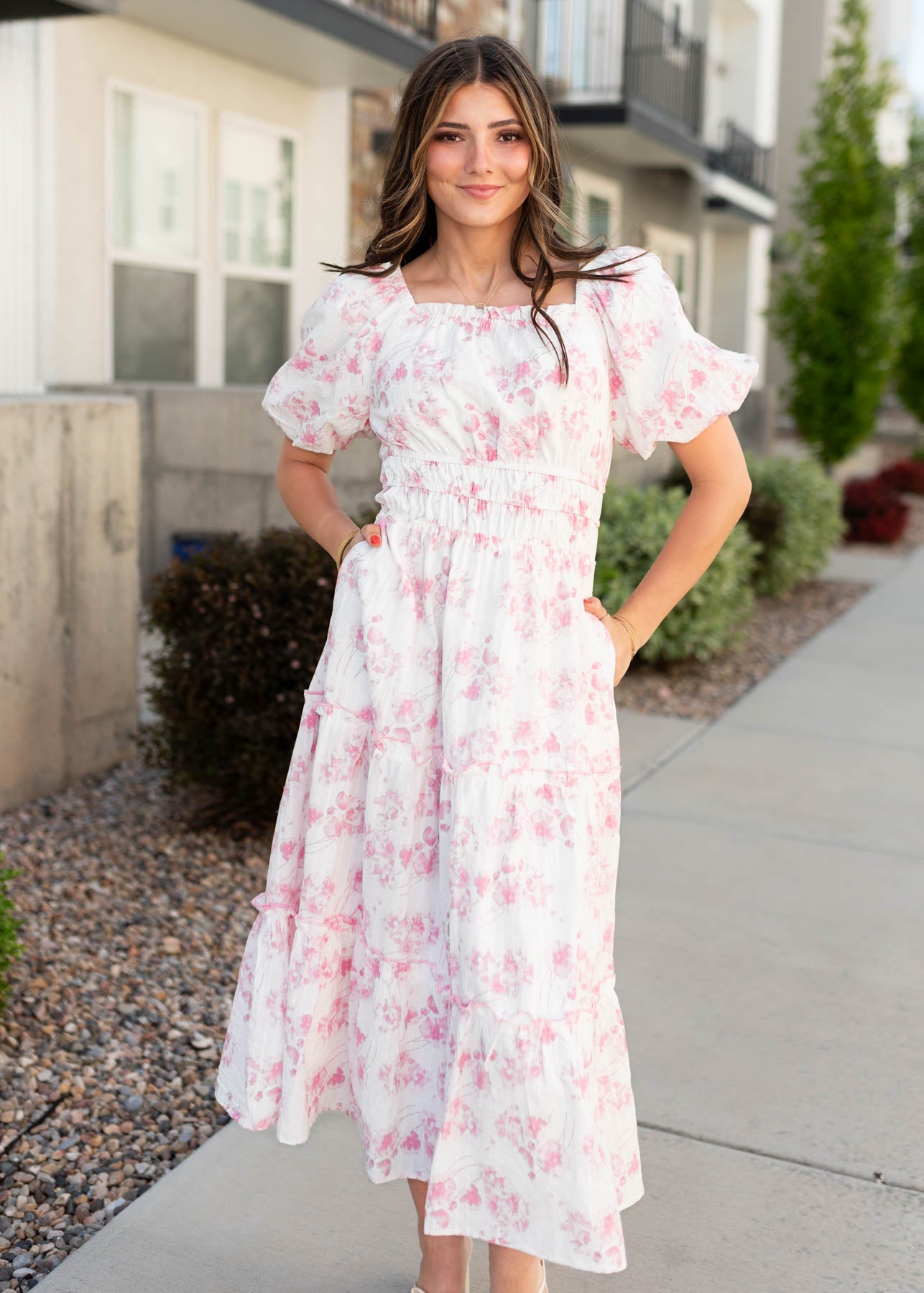 Pink floral dress with pockets