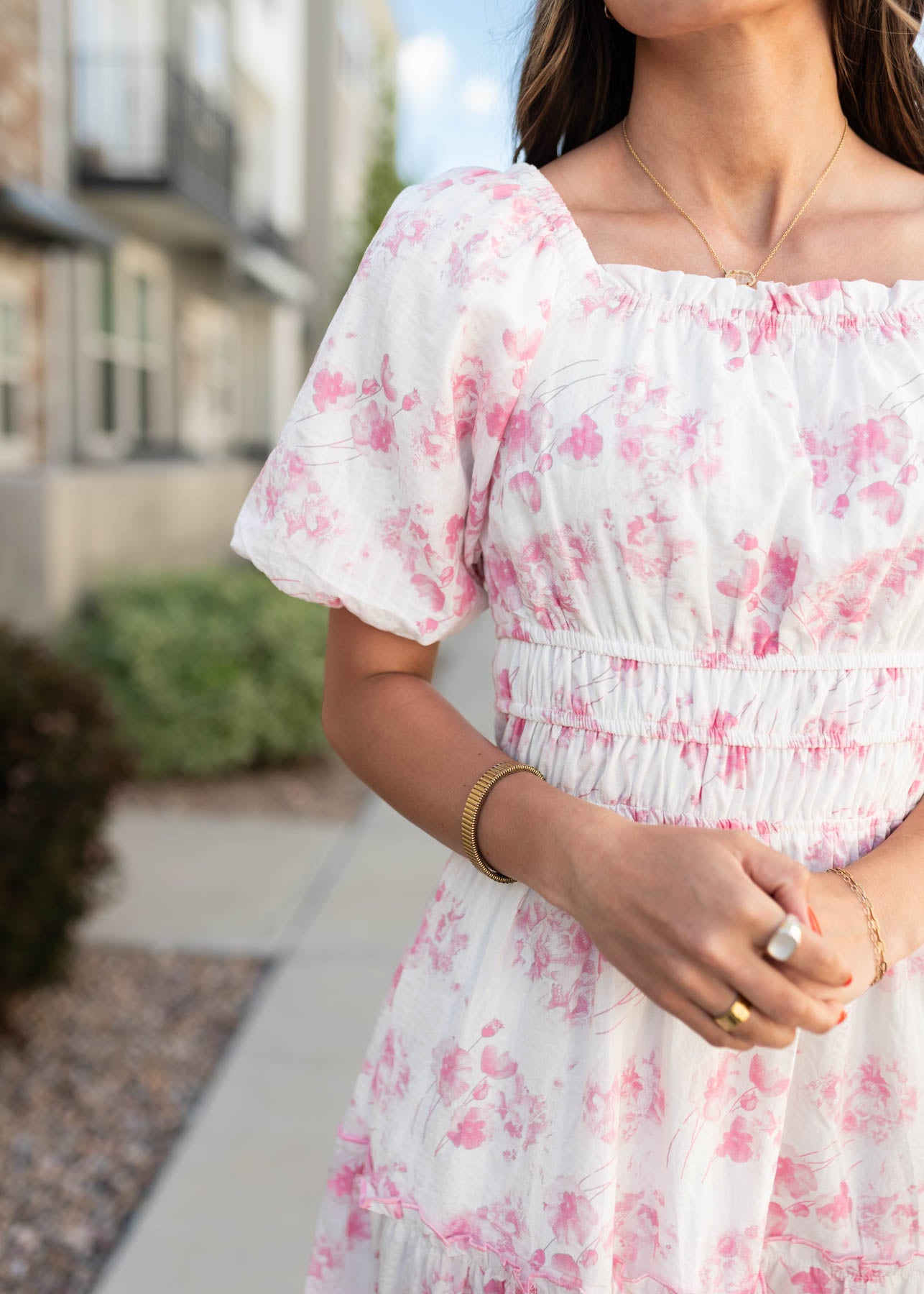 Close up of the fabric on the pink floral dress