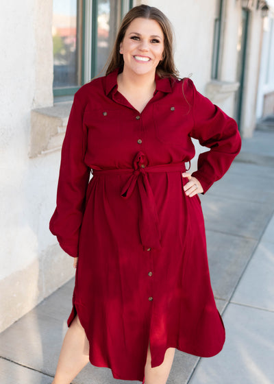 Modest button up burgundy button up dress