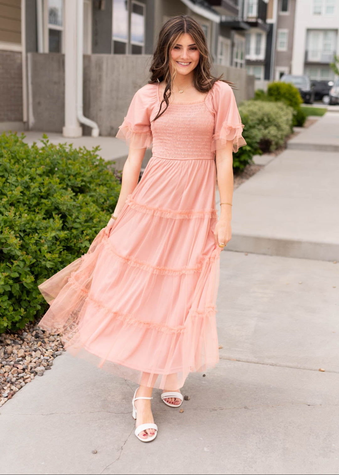 artisanal pink midi dress Anneli Coral Pink Smocked Midi Dress Polagram – Lena Layne