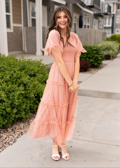 Dusty coral dress with short sleeves