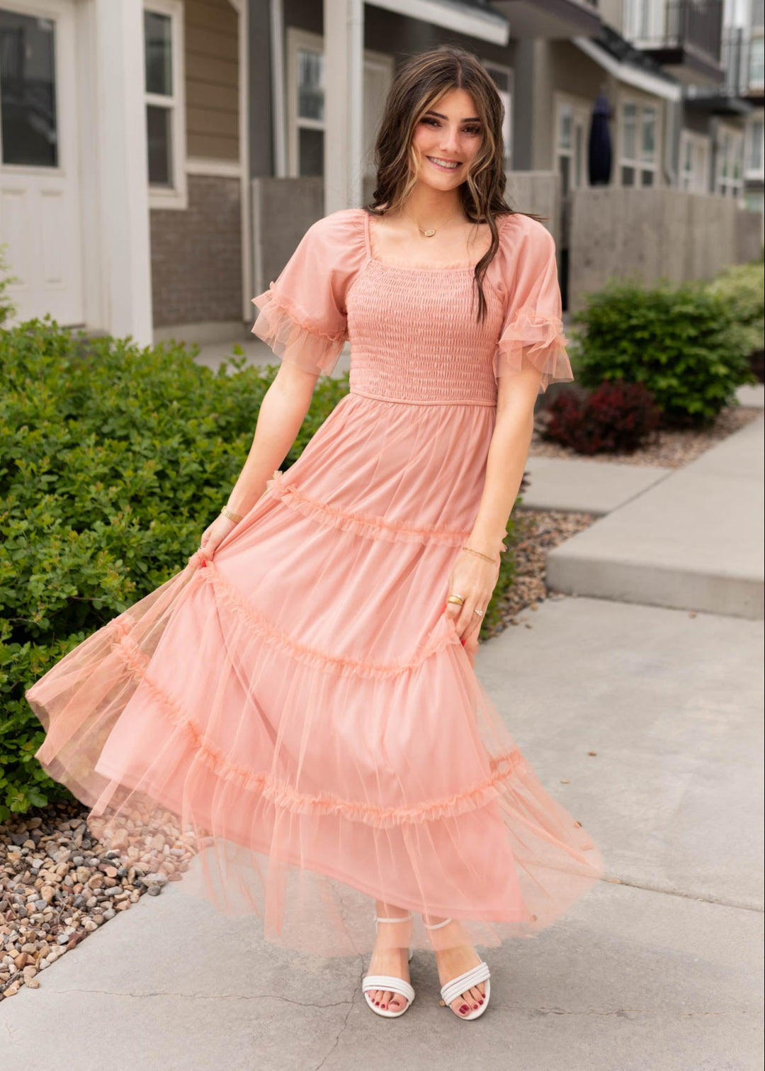 Anneli Coral Pink Smocked Midi Dress Polagram – Lena Layne
