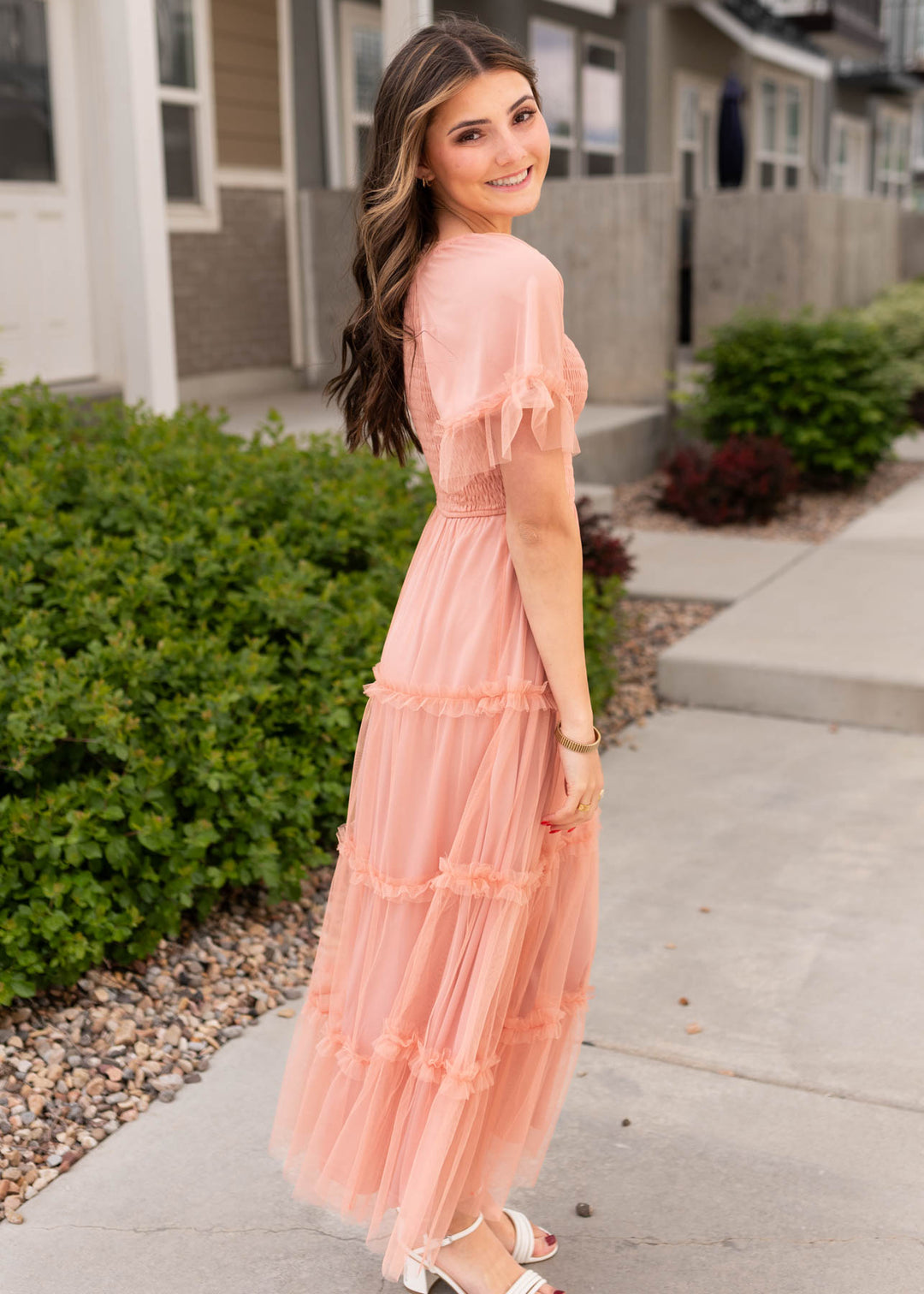 coral pink midi dress Anneli Coral Pink Smocked Midi Dress Polagram – Lena Layne