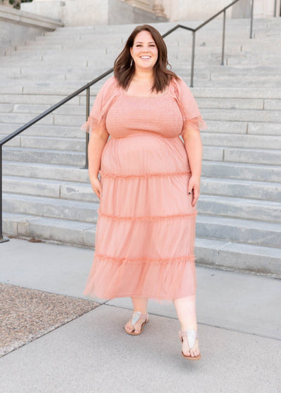 Plus size dusty coral dress wtih short sleeves