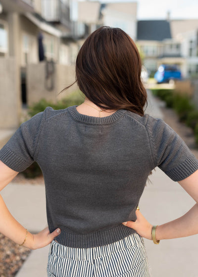 Back view of the charcoal sweater