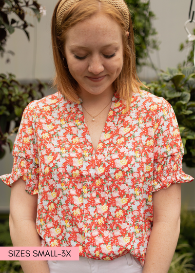 Short sleeve red floral with elastic on sleeves