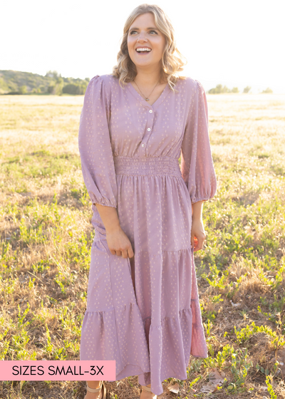 3/4 sleeve lavender dress with button up bodice and tiered skirt