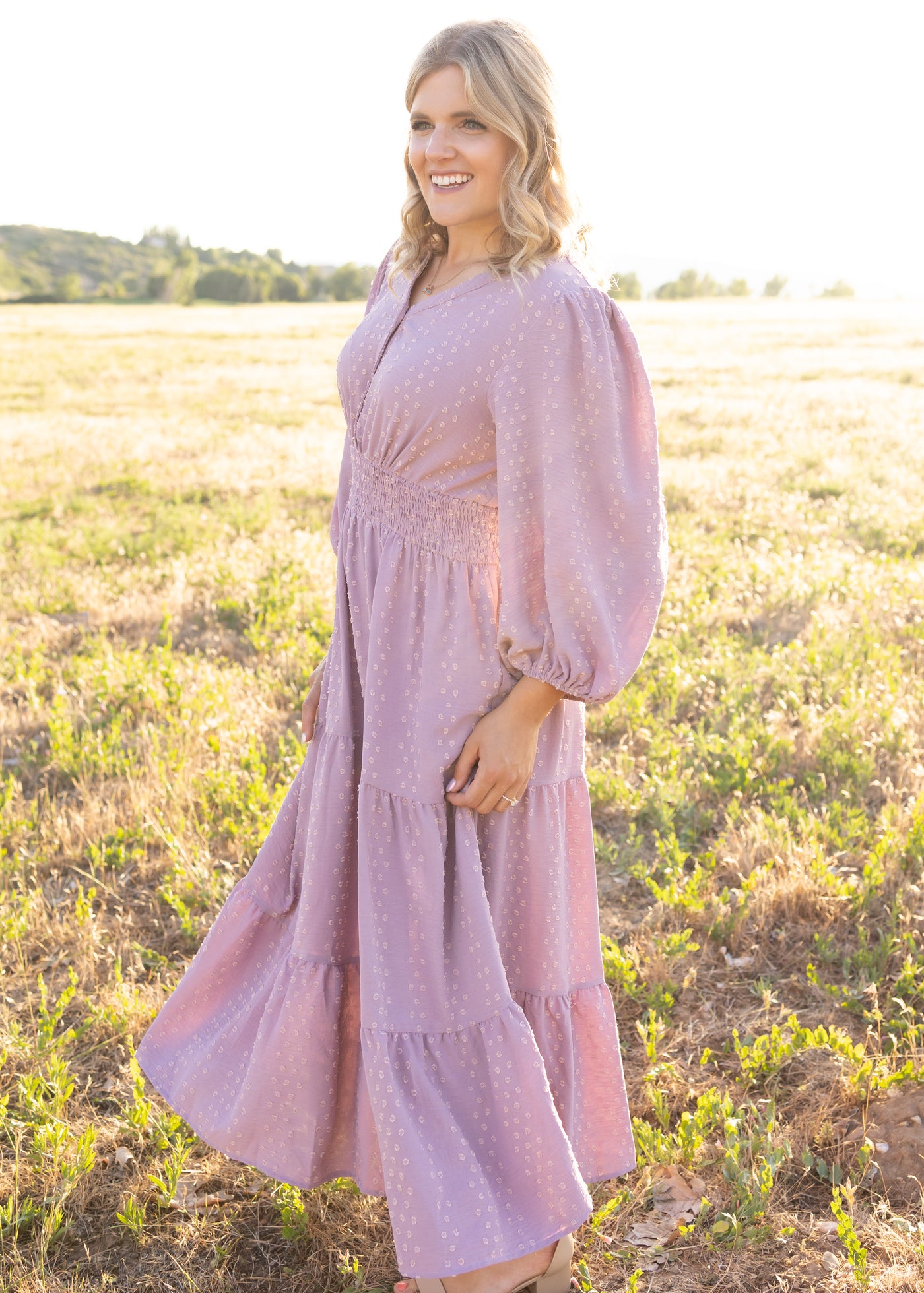 Side view of a lavender dress