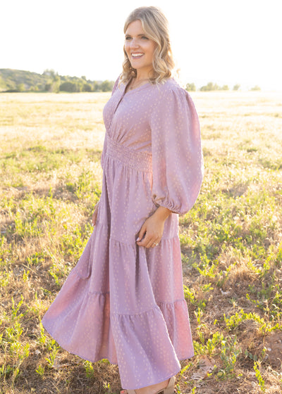Side view of a lavender dress