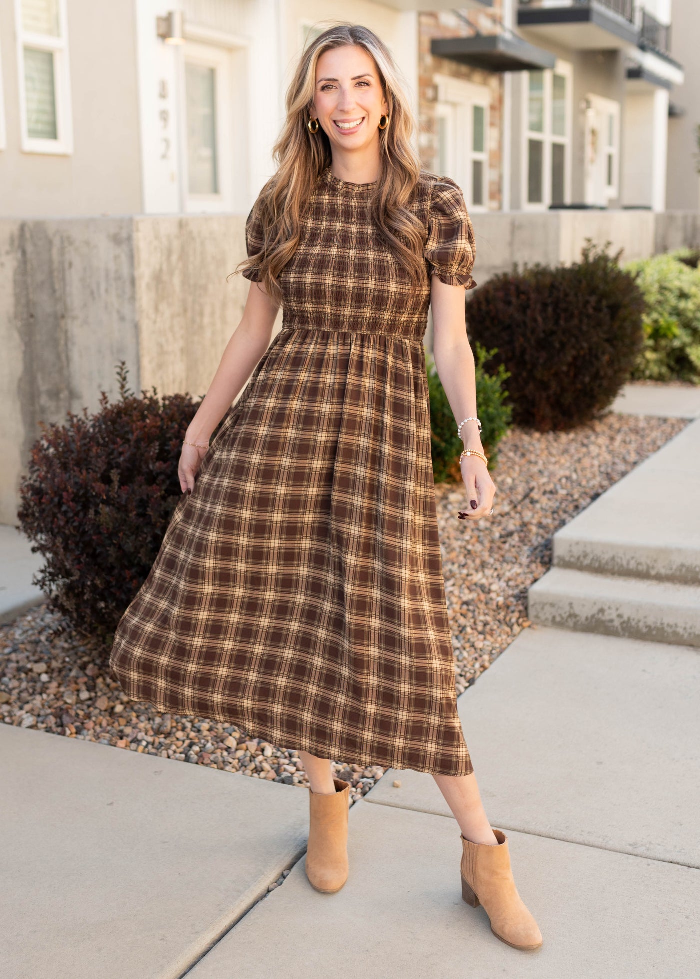 Midi modest brown gingham smocked dress