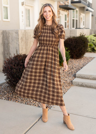 Midi modest brown gingham smocked dress