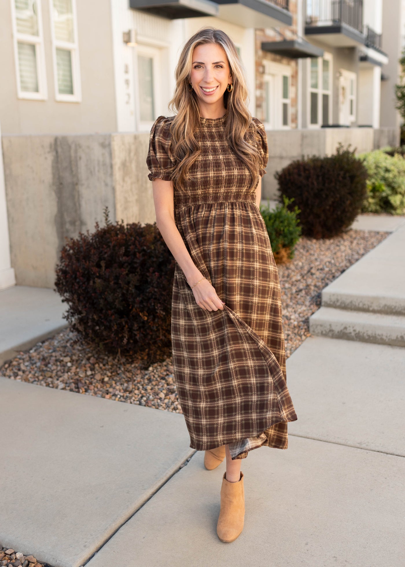 Modest brown gingham smocked dress with short sleeves