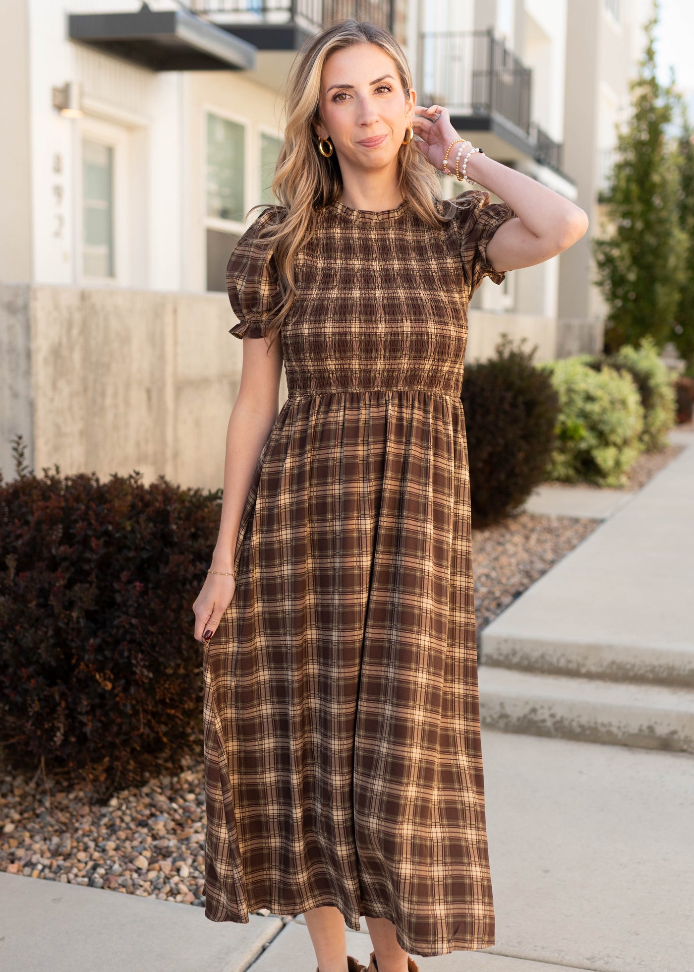 Modest short sleeve brown gingham smocked dress