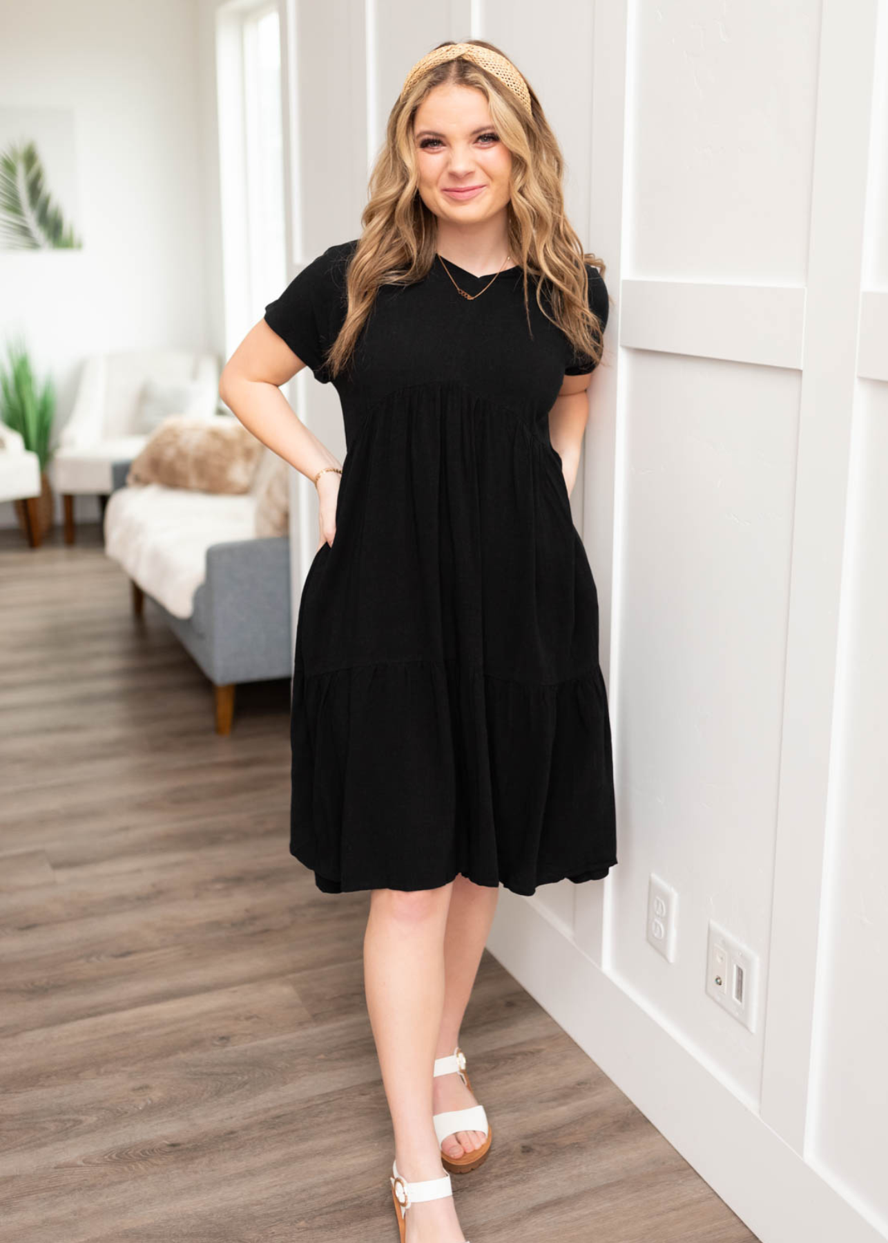 Short sleeve black tiered dress
