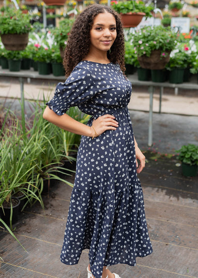 Side view of the navy floral dress