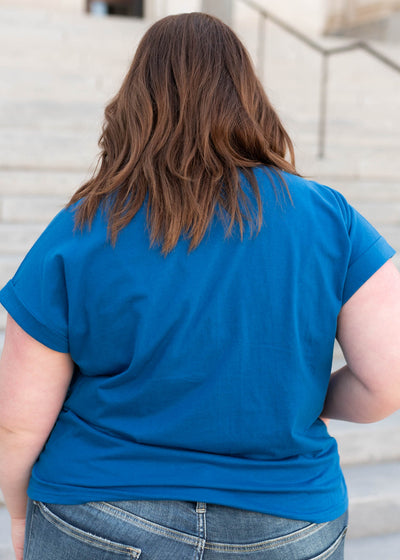 Back view of the royal blue tee shirt in plus size