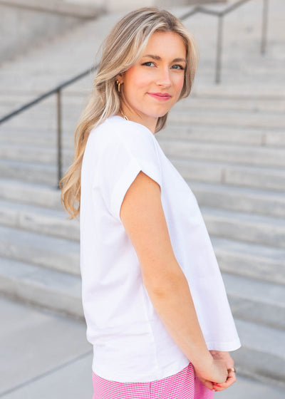 Side view of the white tee shirt