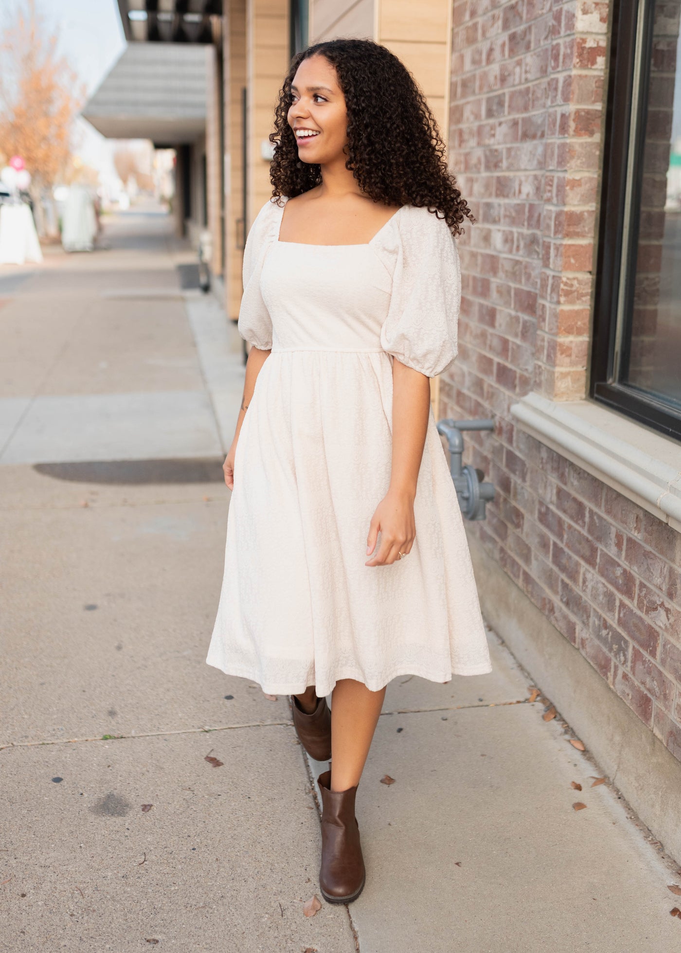 Modest cream square neck dress with short puff sleeves