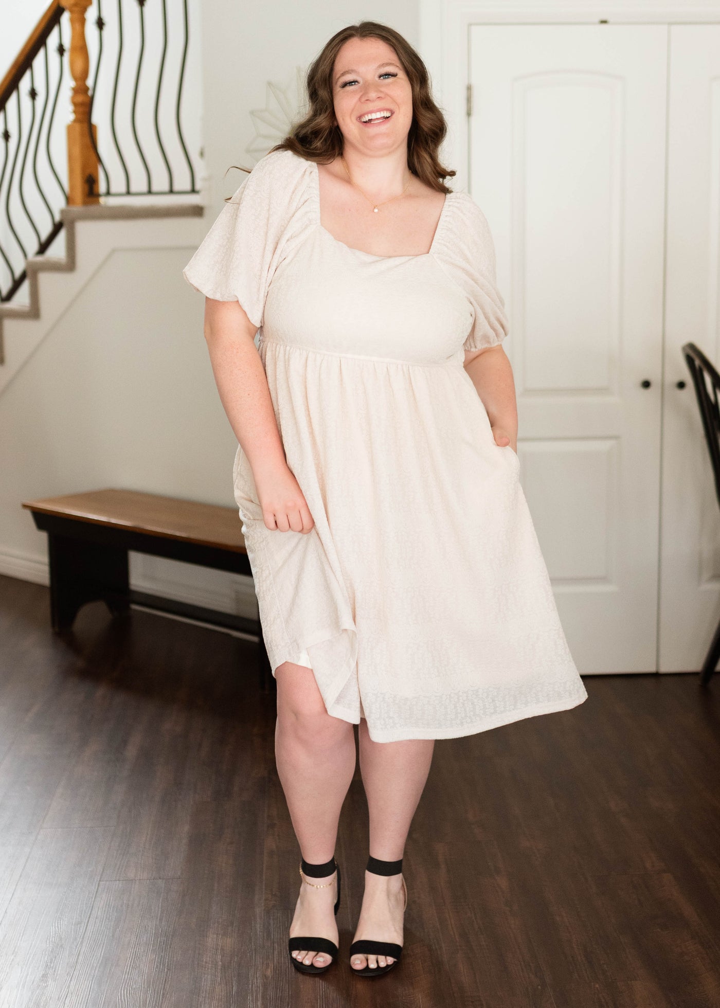 Plus size cream square neck dress with short sleeves