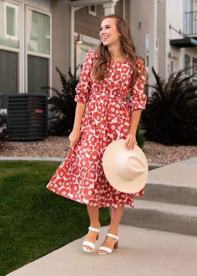 3/4 sleeve brick floral dress
