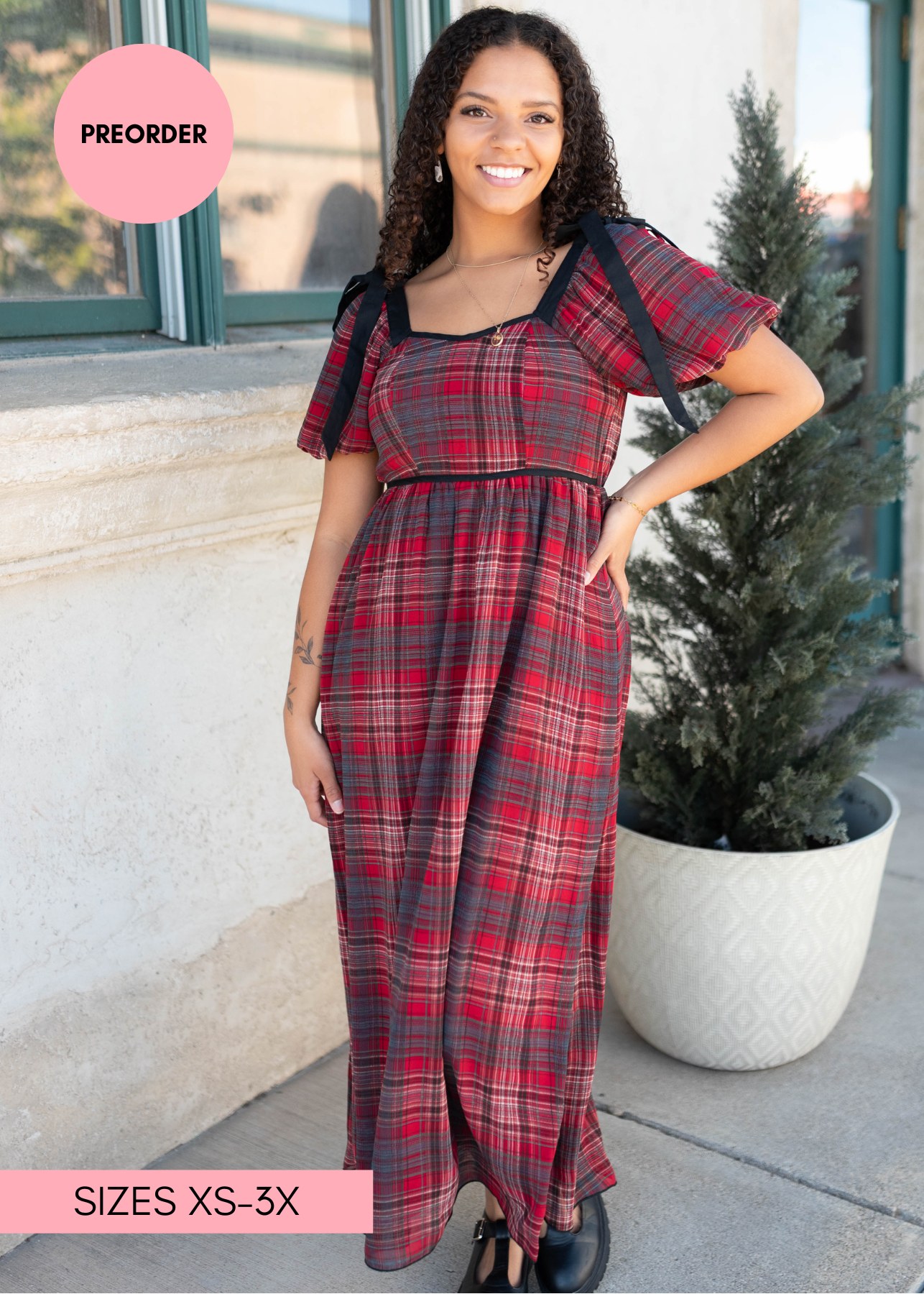 High waist red plaid bow dress by Lena Layne