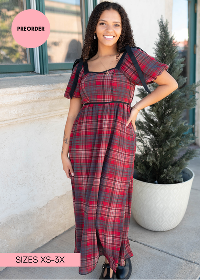 High waist red plaid bow dress by Lena Layne