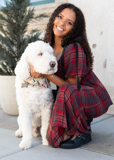 Short sleeve modest red plaid bow dress