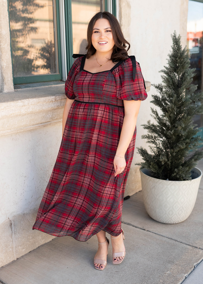 Modest plus size red plaid bow dress